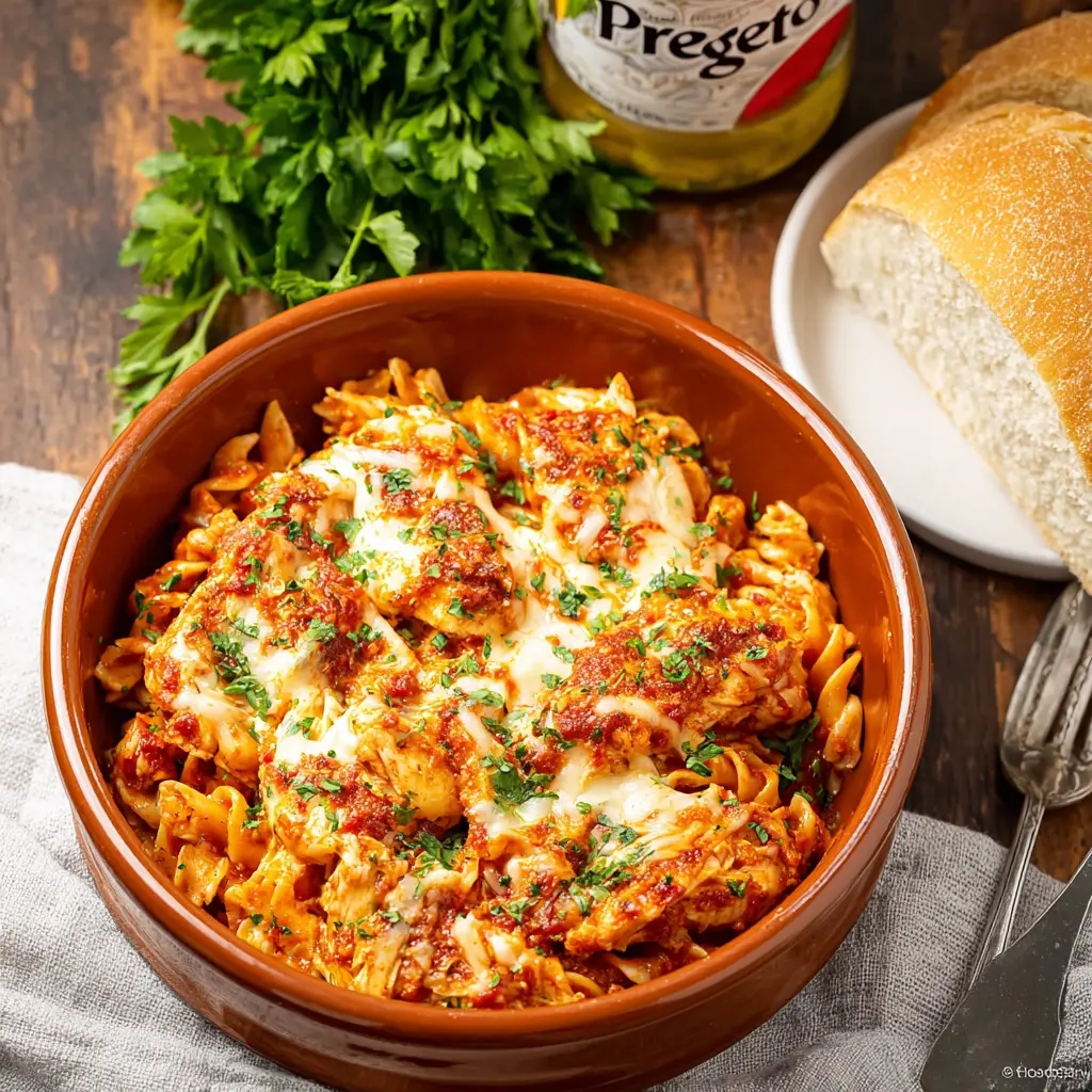 Slow Cooker Chicken Parmesan Casserole recipe, served and ready to eat, easy homemade dinner