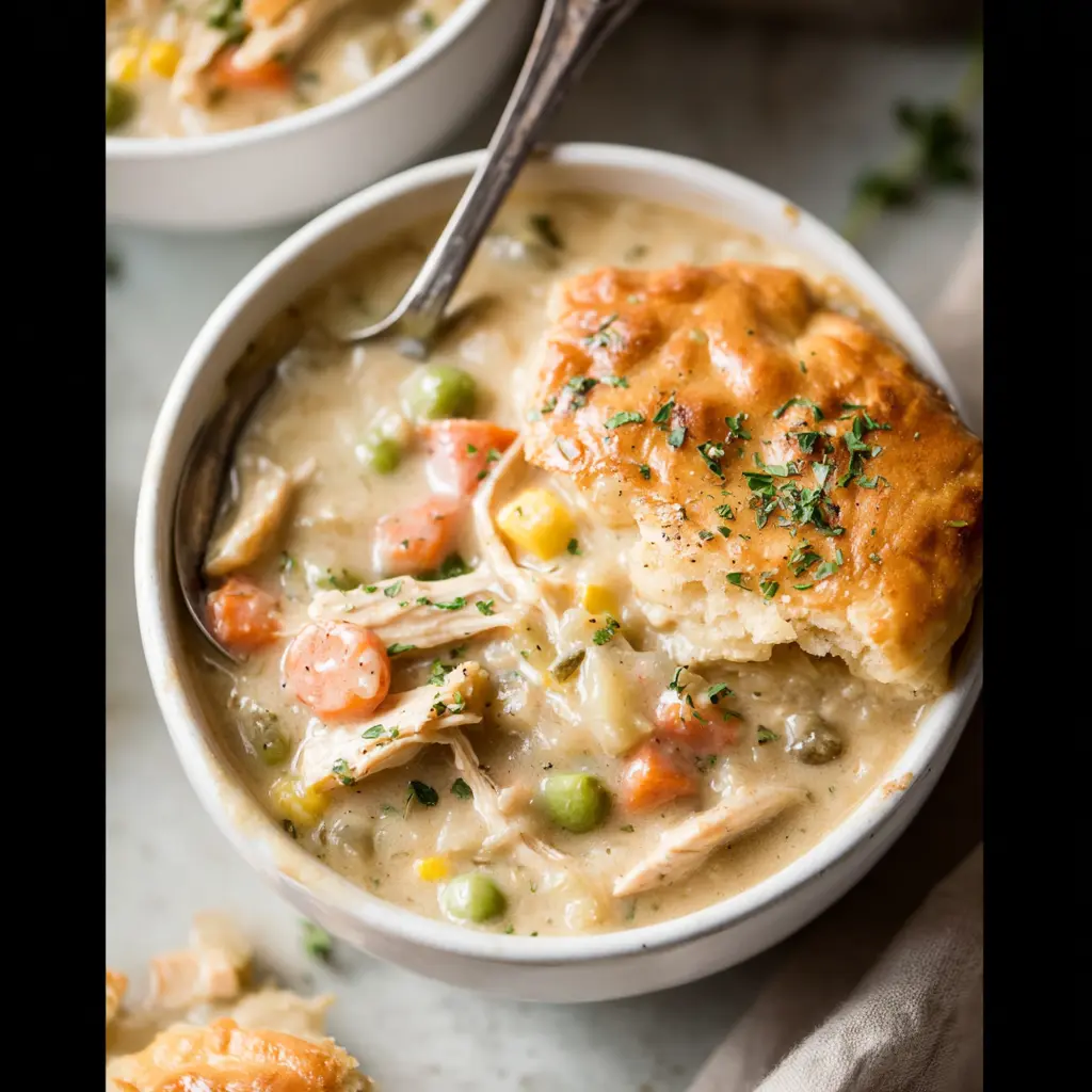 Slow Cooker Chicken Pot Pie Soup Made Cozy and Delicious 2 Slow Cooker Chicken Pot Pie Soup recipe, served and ready to eat, easy homemade dinner