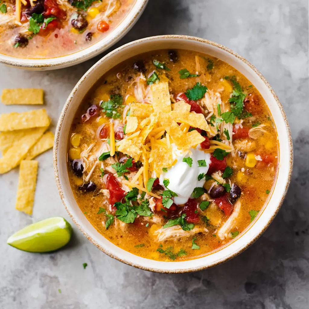 Slow Cooker Chicken Tortilla Soup recipe, served and ready to eat, easy homemade dinner