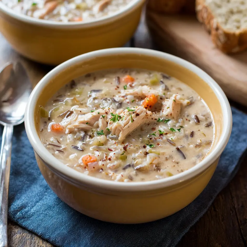 Slow Cooker Chicken Wild Rice Soup recipe, served and ready to eat, easy homemade dinner