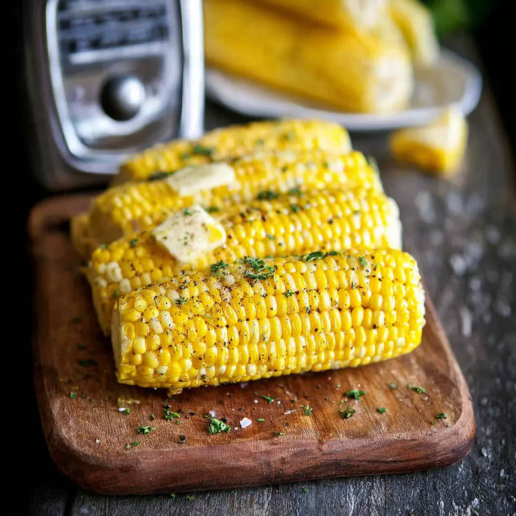 Slow Cooker Corn on the Cob recipe, served and ready to eat, easy homemade dish