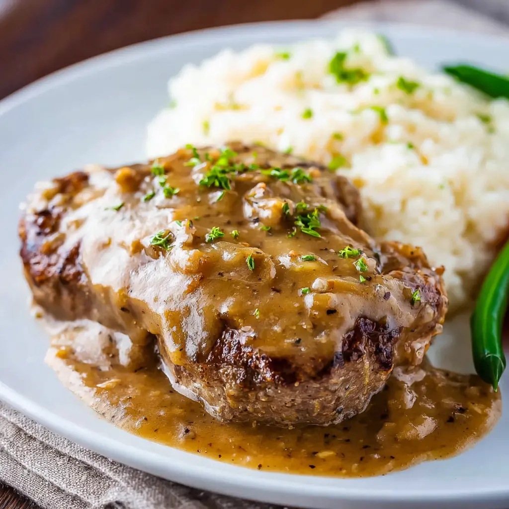 Slow Cooker Cube Steak Gravy recipe, served and ready to eat, easy homemade dinner