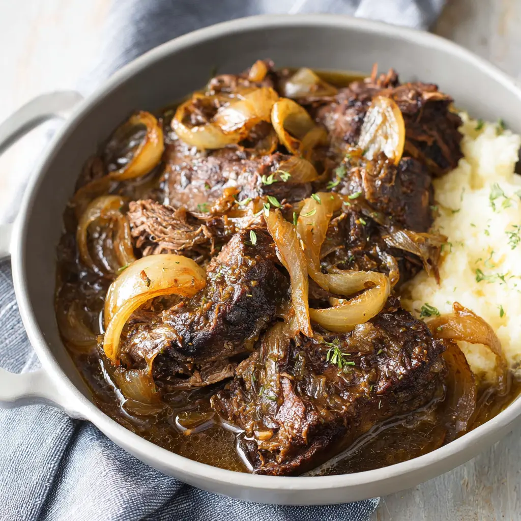 Slow Cooker French Onion Pot Roast recipe, served and ready to eat, easy homemade dinner