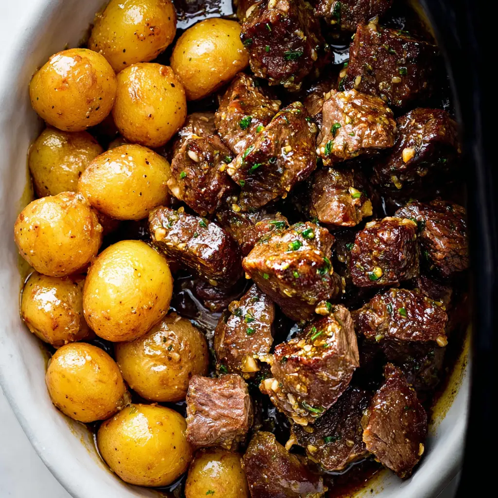 Slow Cooker Garlic Butter Beef Bites Potatoes recipe, served and ready to eat, easy homemade dinner
