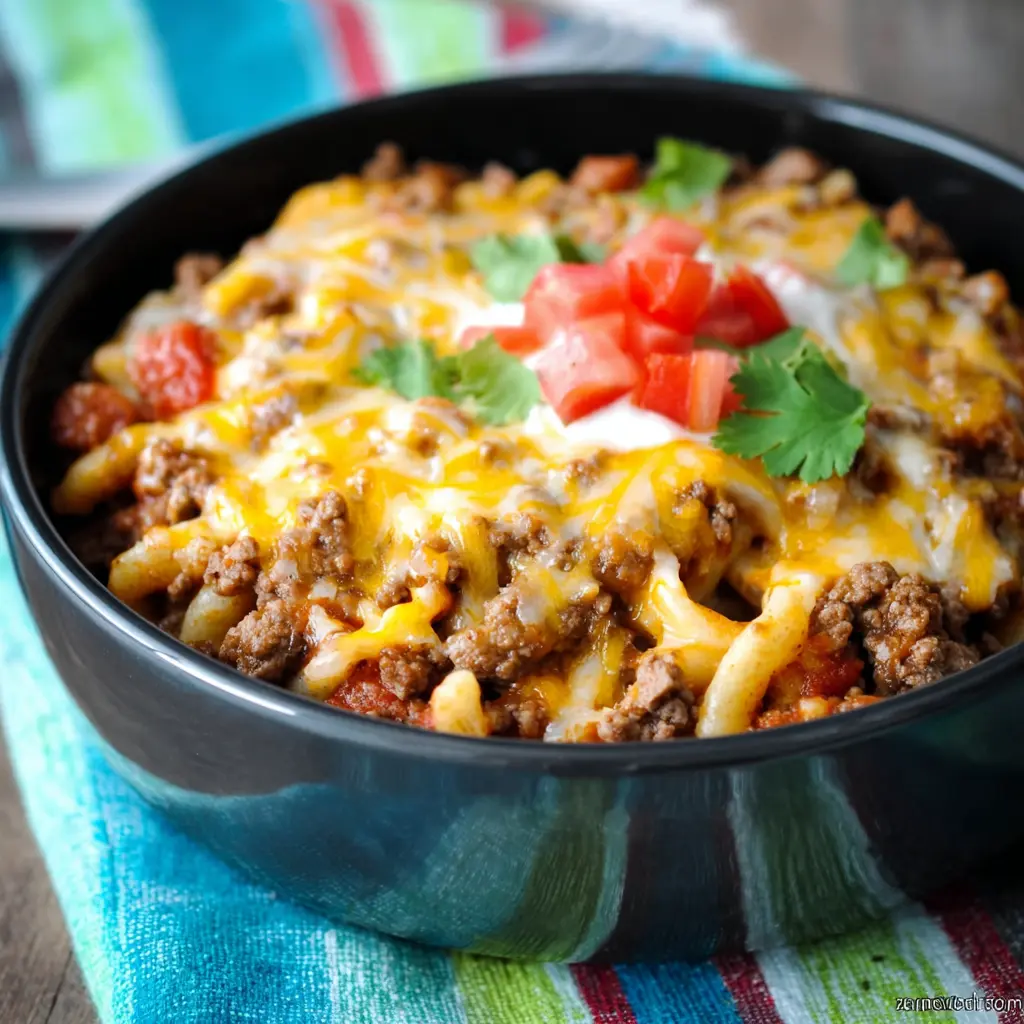 Slow Cooker Ground Beef Taco Casserole recipe, served and ready to eat, easy homemade dish