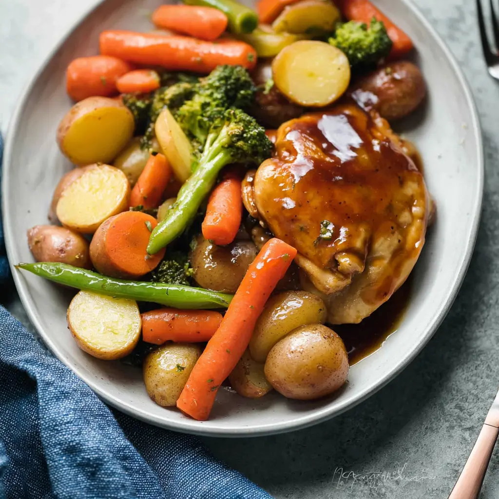 Slow Cooker Honey Garlic Chicken Veggies recipe, served and ready to eat, easy homemade dinner