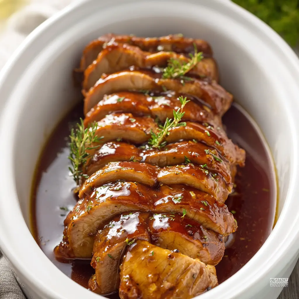 Slow Cooker Honey Garlic Pork Tenderloin recipe, served and ready to eat, easy homemade dish