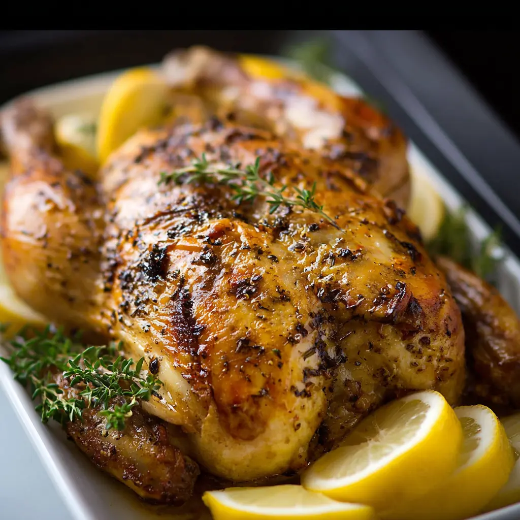Slow Cooker Lemon Garlic Roast Chicken recipe, served and ready to eat, easy homemade dinner