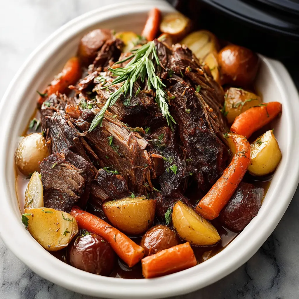 Slow Cooker Pot Roast Vegetables recipe, served and ready to eat, easy homemade dinner
