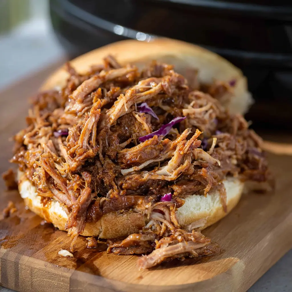Slow Cooker Pulled Pork Summer recipe, served and ready to eat, easy homemade dish