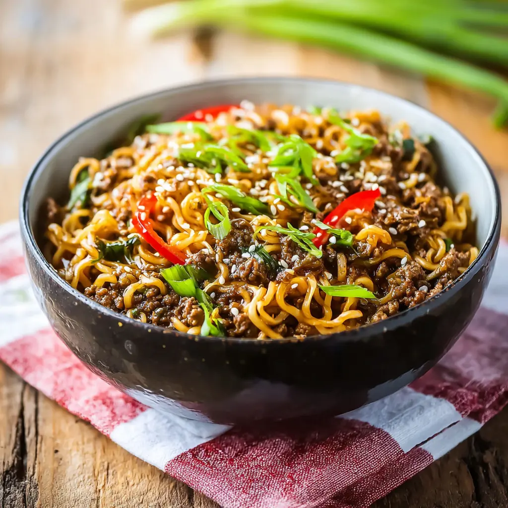 Slow Cooker Ramen Noodles Ground Beef recipe, served and ready to eat, easy homemade dinner