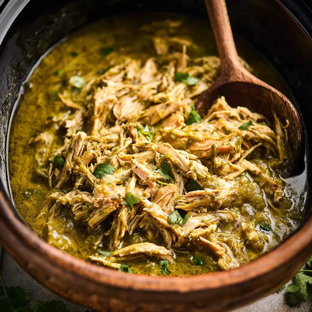 Slow Cooker Salsa Verde Chicken recipe, served and ready to eat, easy homemade dinner