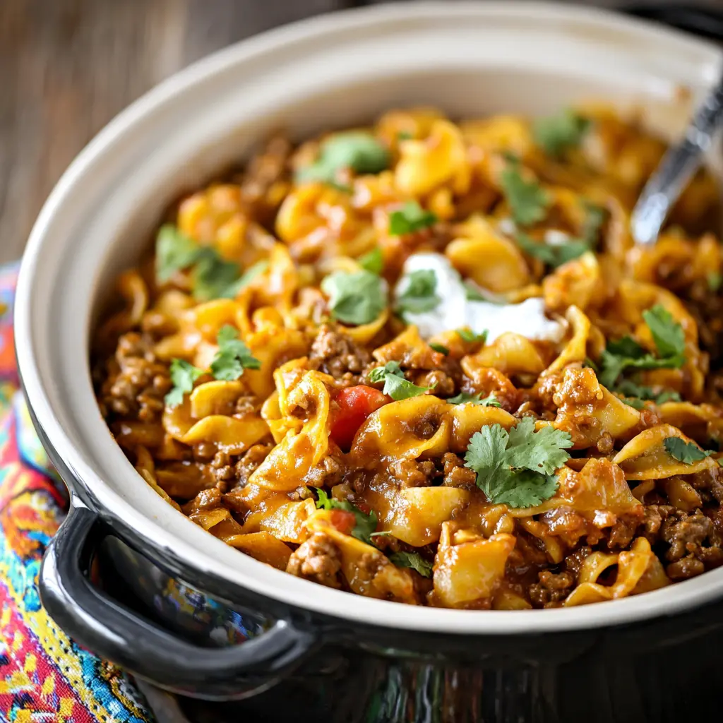Slow Cooker Taco Noodle Casserole recipe, served and ready to eat, easy homemade dish