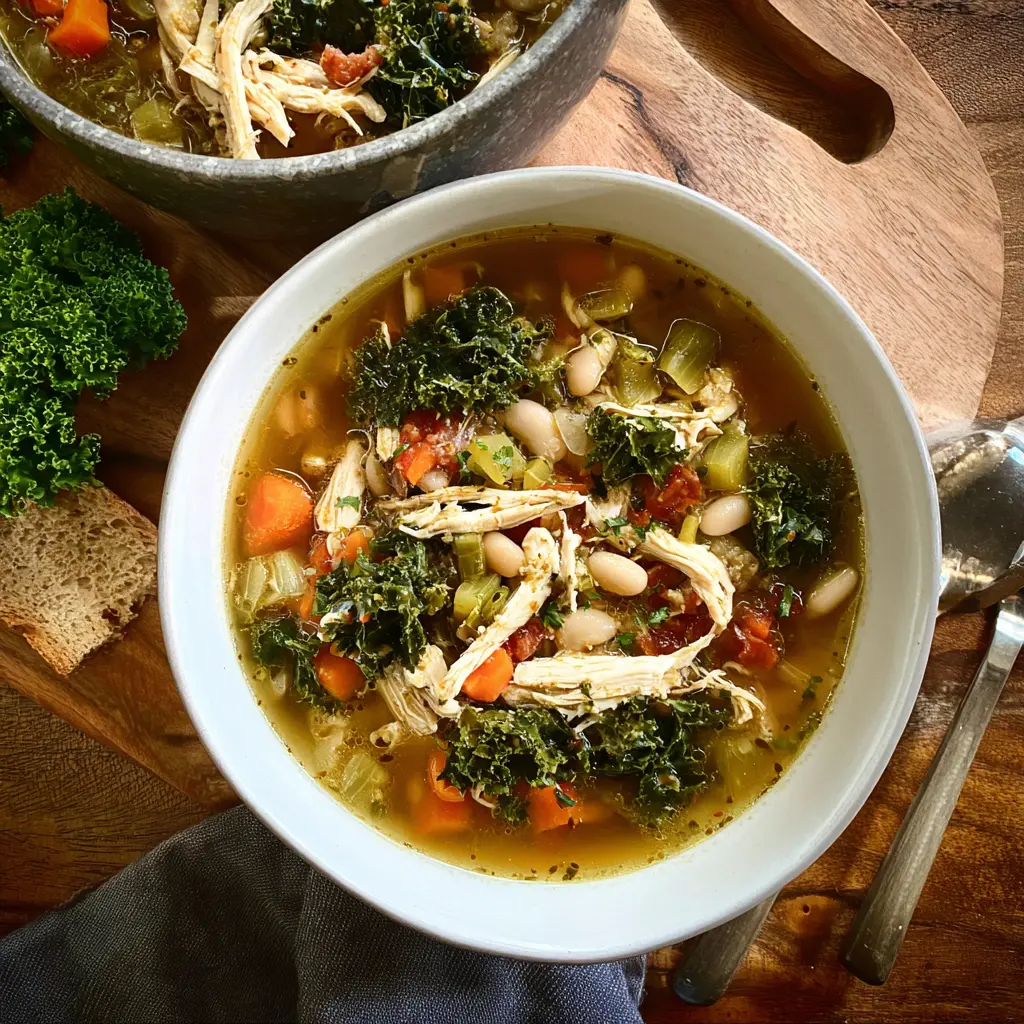 Slow Cooker Tuscan White Bean Chicken Soup recipe, served and ready to eat, easy homemade dinner