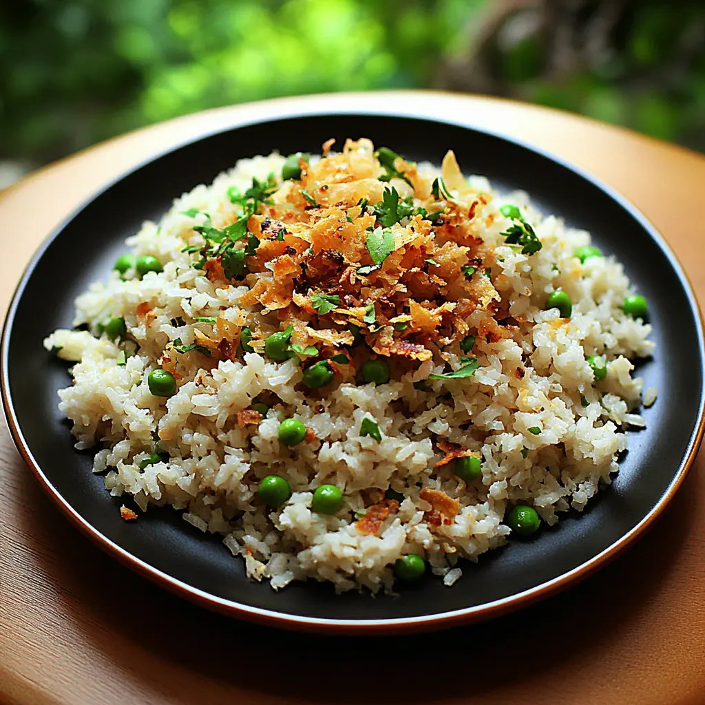 SPRING PEA PULAO RICE CRISPY SHALLOTS recipe, served and ready to eat, easy homemade dinner