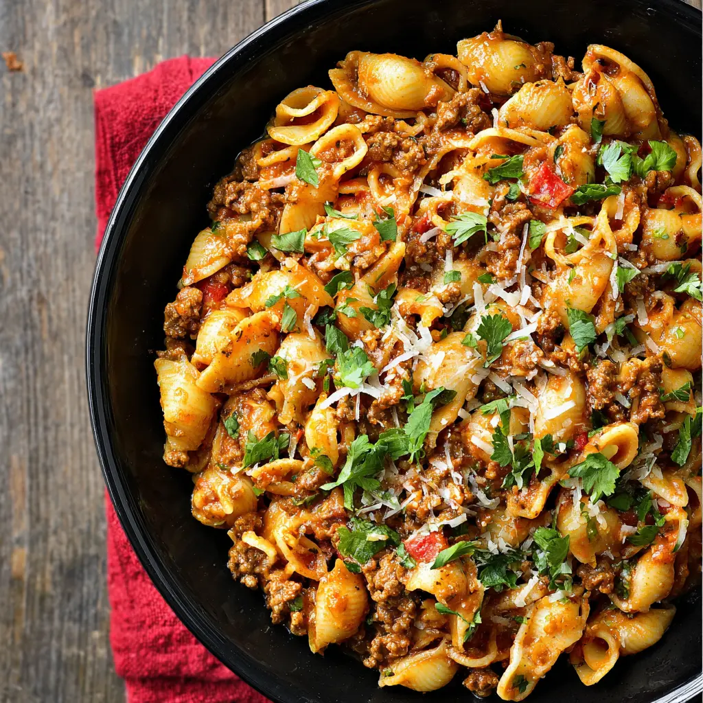 TACO PASTA SLOW COOKER recipe, served and ready to eat, easy homemade dinner