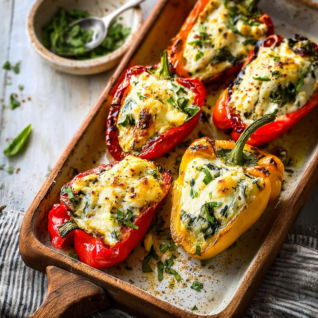 Tuscan Ricotta Stuffed Peppers recipe, served and ready to eat, easy homemade dinner