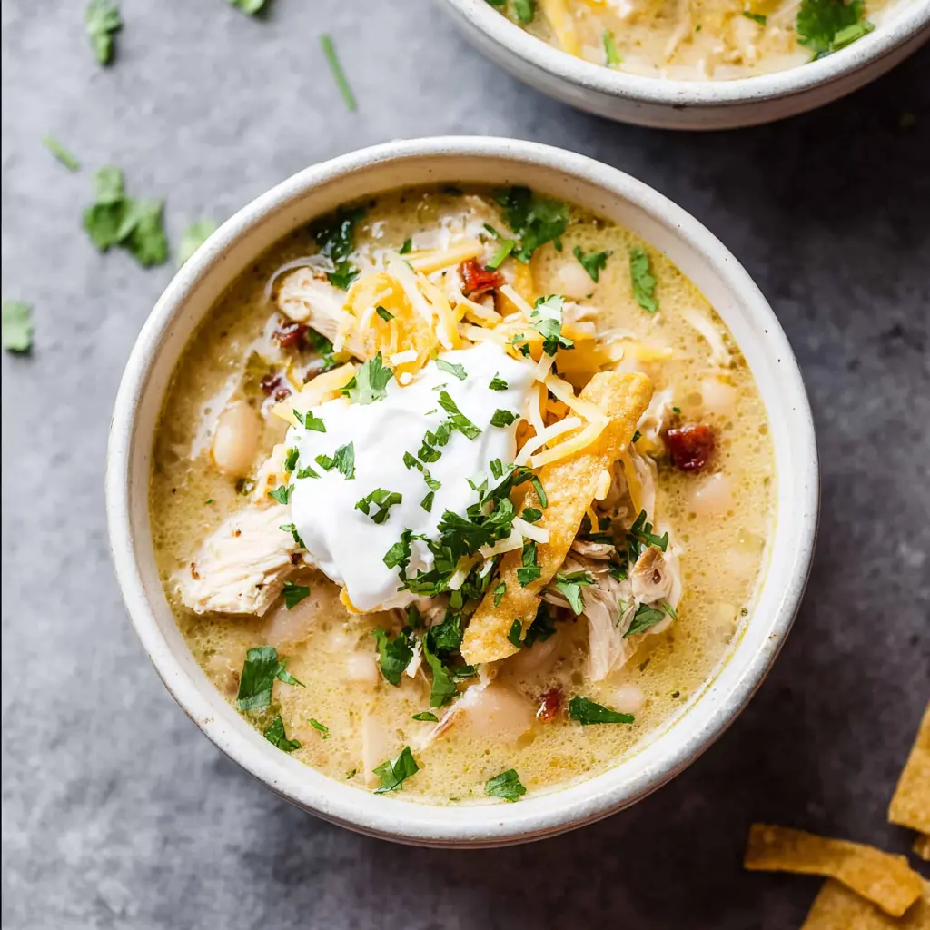 White Chicken Chili Crockpot recipe, served and ready to eat, easy homemade dinner