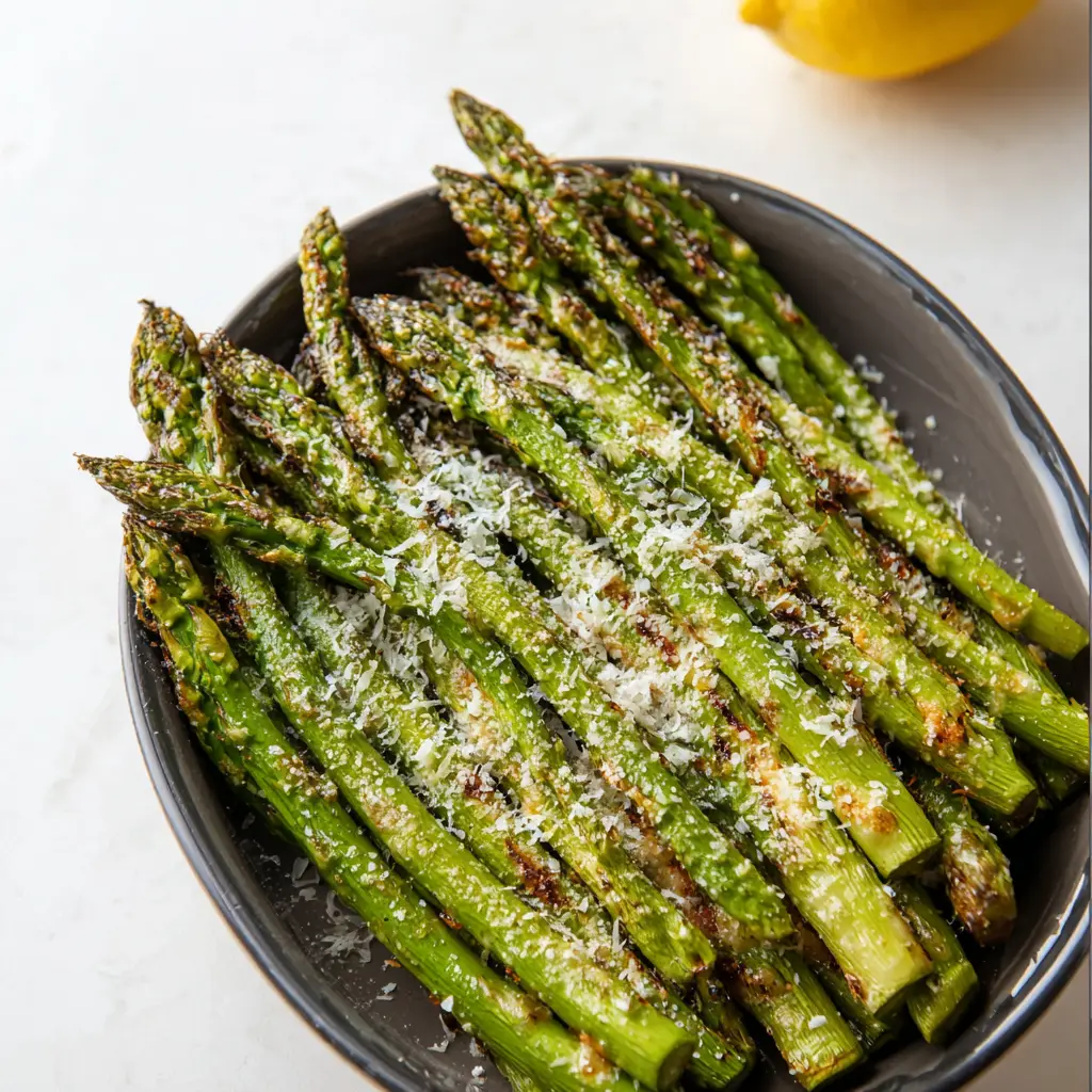 Air Fryer Asparagus Parmesan recipe, served and ready to eat, easy homemade dinner