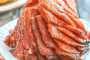 AIR FRYER BROWN SUGAR HAM recipe, served and ready to eat, easy homemade dinner