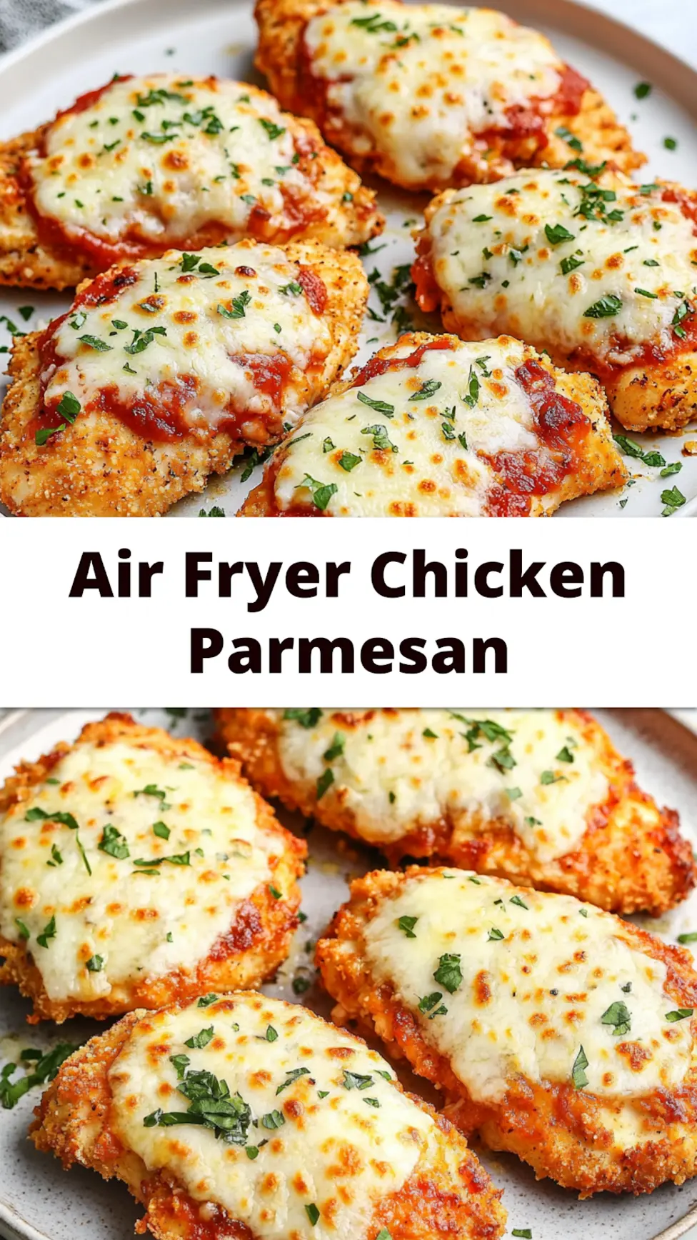 Air Fryer Chicken Parmesan recipe, served and ready to eat, easy homemade dinner