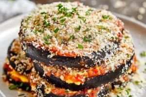 Air Fryer Eggplant Parmesan Cozy Perfect Weeknight Dinner AIR FRYER EGGPLANT PARMESAN recipe, served and ready to eat, easy homemade dinner