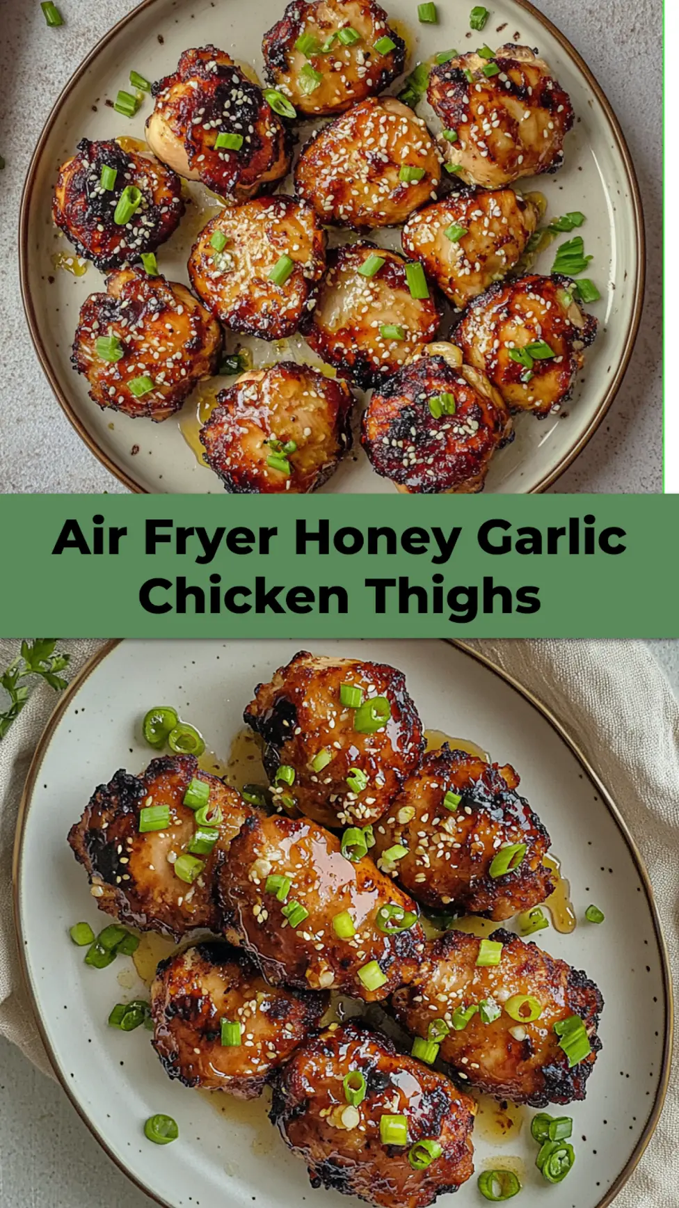 Air Fryer Honey Garlic Chicken Thighs Irresistible Easy Recipe 4 Air fryer honey garlic chicken thighs served and ready to eat, easy homemade dinner