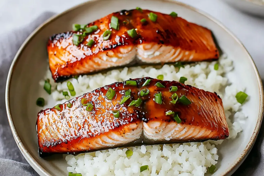 AIR FRYER HONEY GARLIC SALMON recipe, served and ready to eat, easy homemade dinner