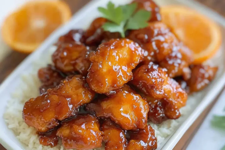Air Fryer Orange Chicken recipe, served and ready to eat, easy homemade dinner