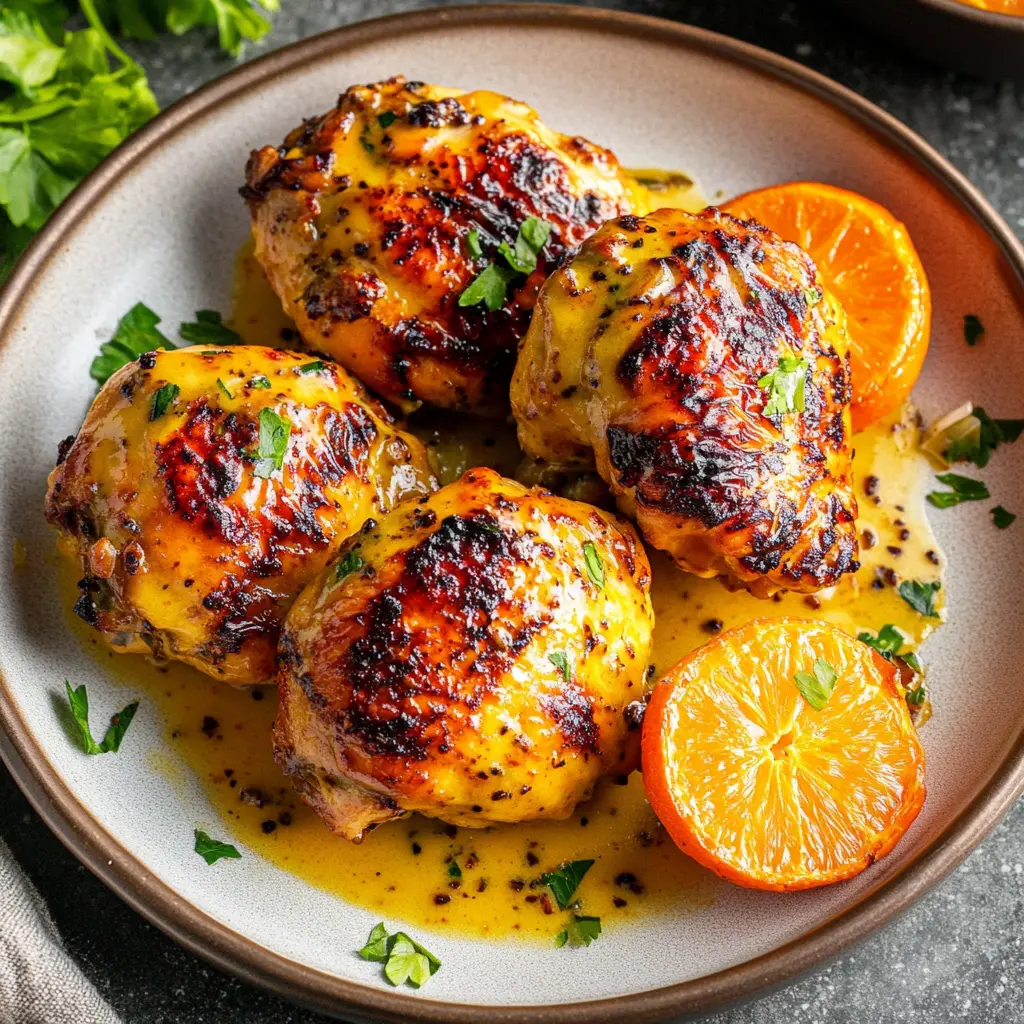 AIR FRYER ORANGE DIJON CHICKEN recipe, served and ready to eat, easy homemade dinner