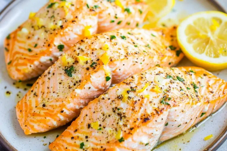 Air Fryer Salmon Lemon Garlic recipe, served and ready to eat, easy homemade dinner