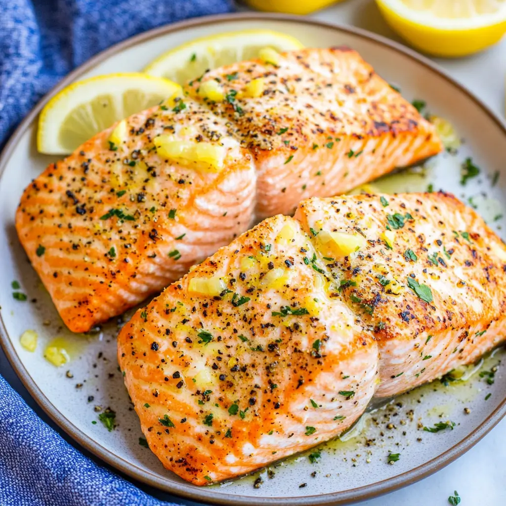 Air Fryer Salmon Lemon Garlic Satisfying Easy Weeknight Recipe 3 Air Fryer Salmon Lemon Garlic recipe, served and ready to eat, easy homemade dinner