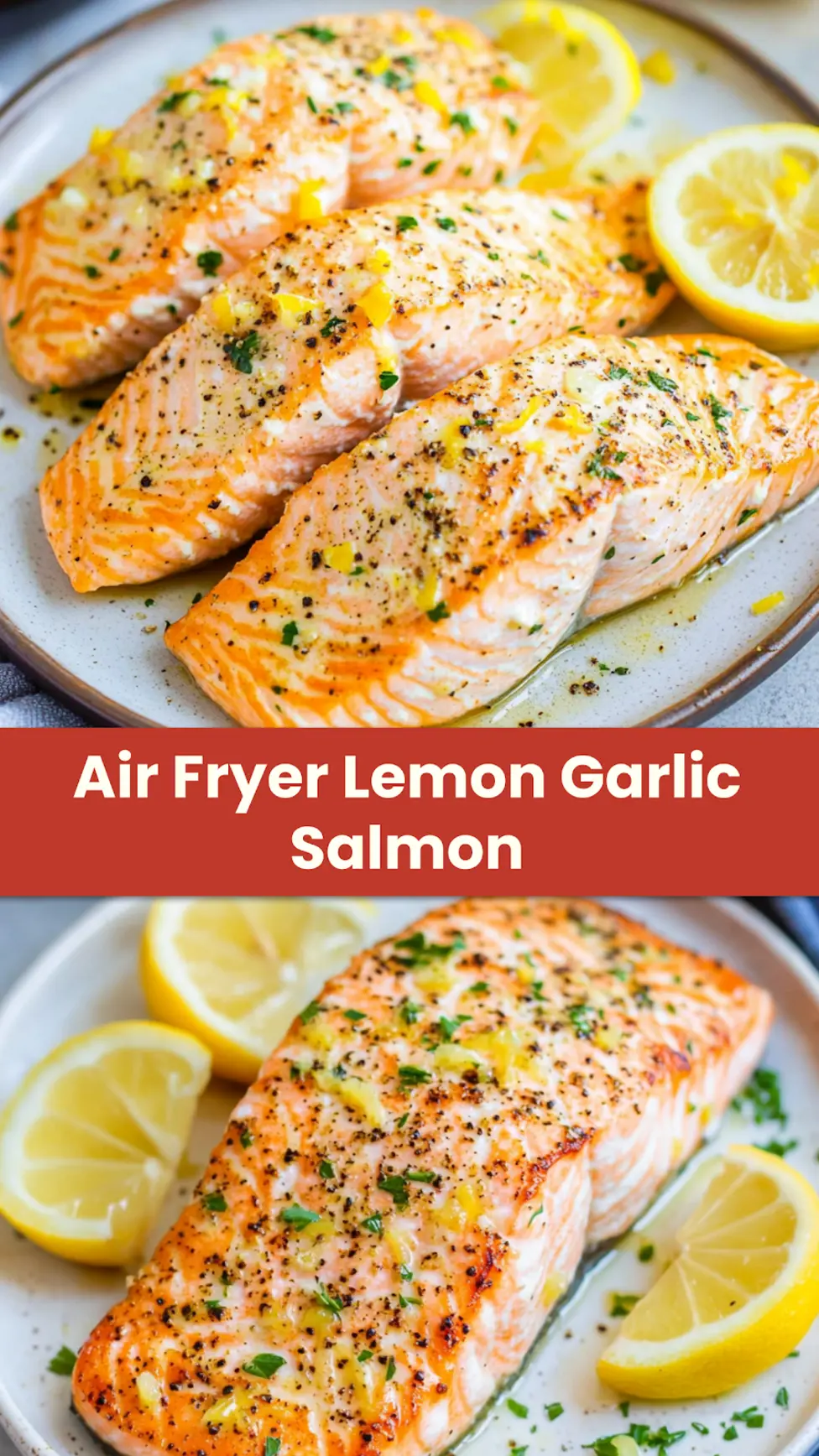 Air Fryer Salmon Lemon Garlic Satisfying Easy Weeknight Recipe 4 Air Fryer Salmon Lemon Garlic recipe, served and ready to eat, easy homemade dinner