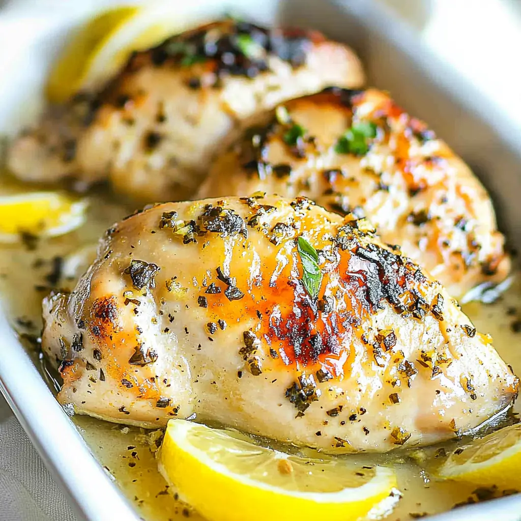 Baked Chicken Breast Lemon Garlic recipe, served and ready to eat, easy homemade dinner