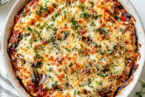 Eggplant Parmesan Baked Easy Cozy Cheesy Favorite Recipe BAKED EGGPLANT PARMESAN recipe, served and ready to eat, easy homemade dinner