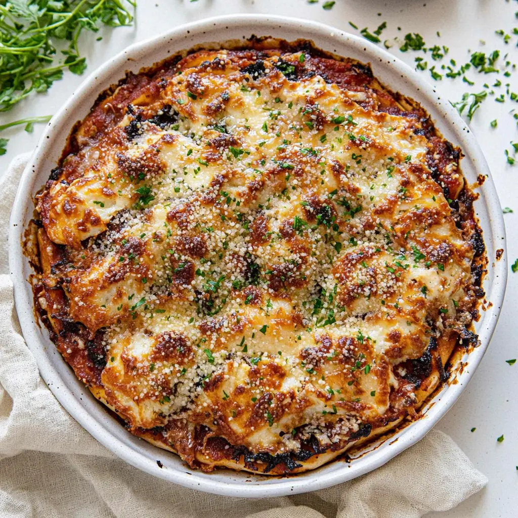 BAKED EGGPLANT PARMESAN recipe, served and ready to eat, easy homemade dinner