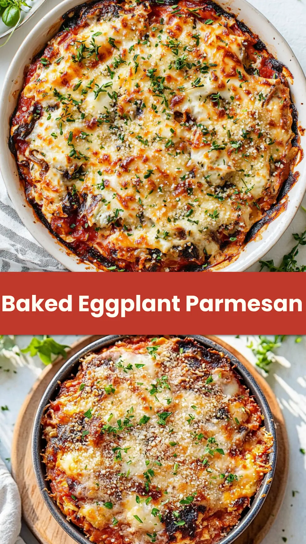 BAKED EGGPLANT PARMESAN recipe, served and ready to eat, easy homemade dinner