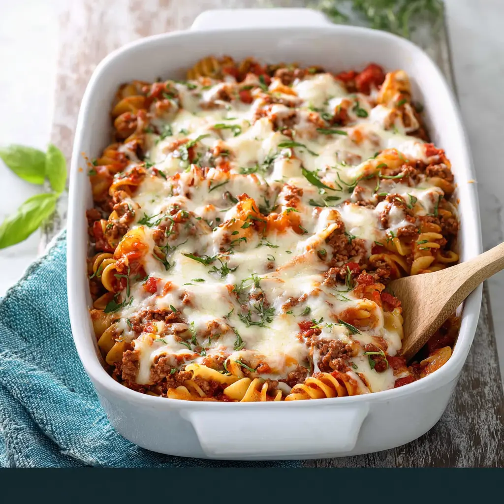 Beefy pasta bake made with ground beef, served in a casserole dish, ready to eat