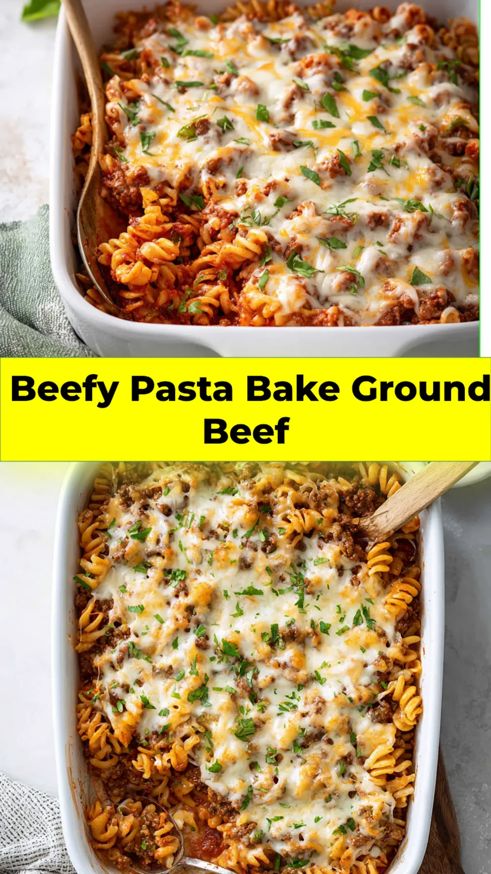 Beefy pasta bake ground beef casserole, served and ready to eat  easy homemade dinner