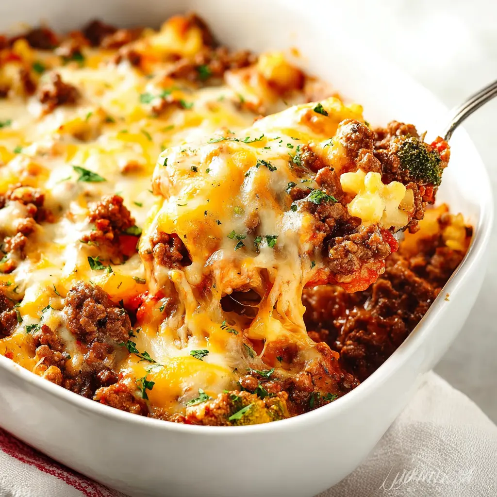 Cheesy Ground Beef Casserole recipe, served and ready to eat, easy homemade dish