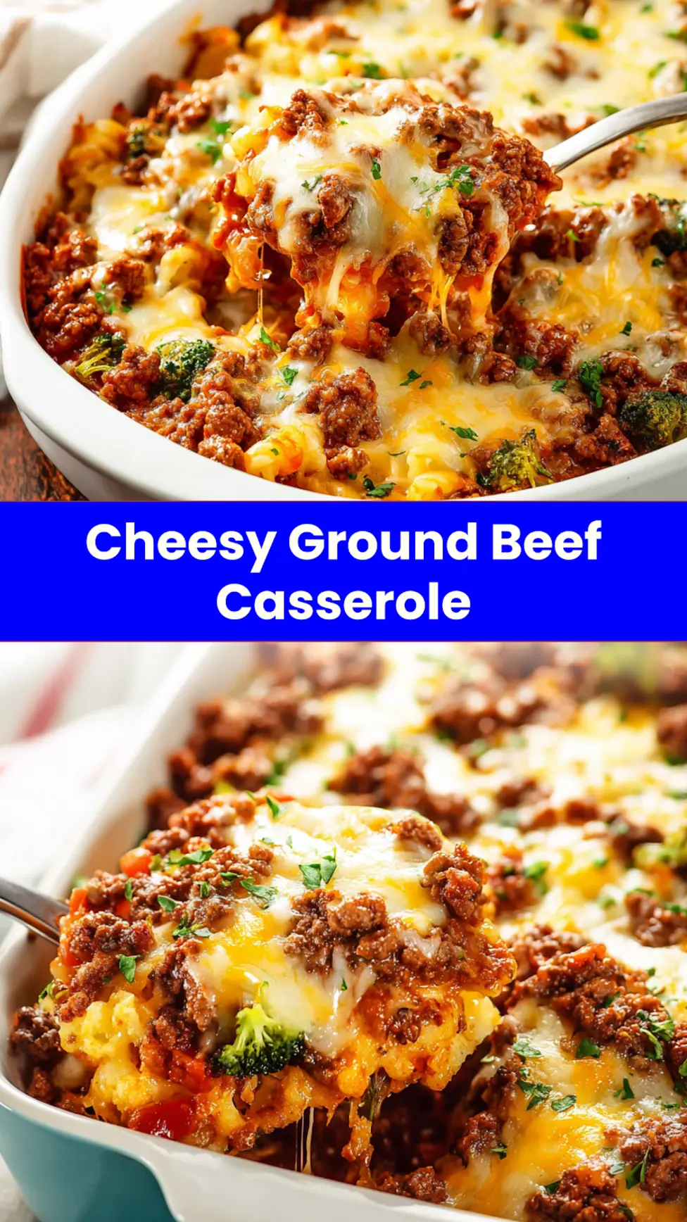 Cheesy Ground Beef Casserole recipe, served and ready to eat, easy homemade dish