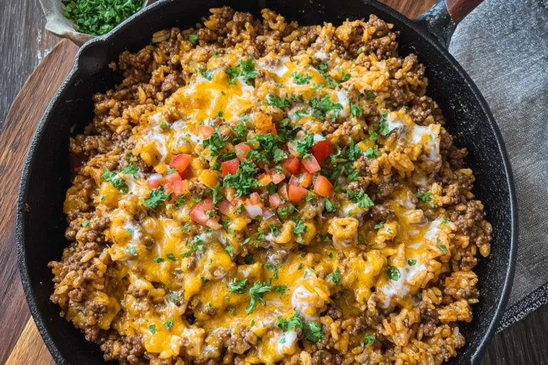 CHEESY GROUND BEEF RICE SKILLET recipe, served and ready to eat, easy homemade dish