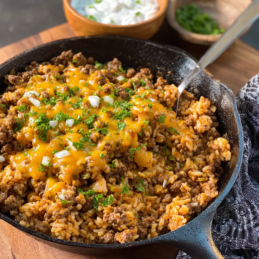 Cheesy ground beef rice skillet served in a pan, ready to eat