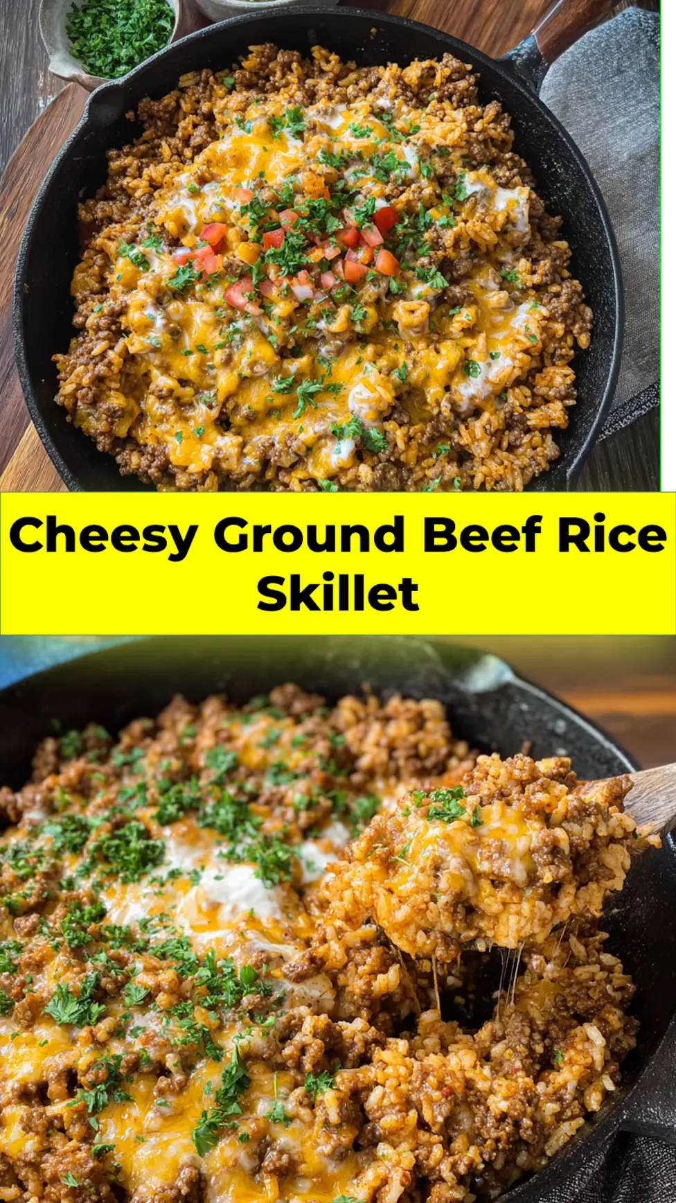 Cheesy ground beef rice skillet recipe pin  savory one-pan dinner ready to serve