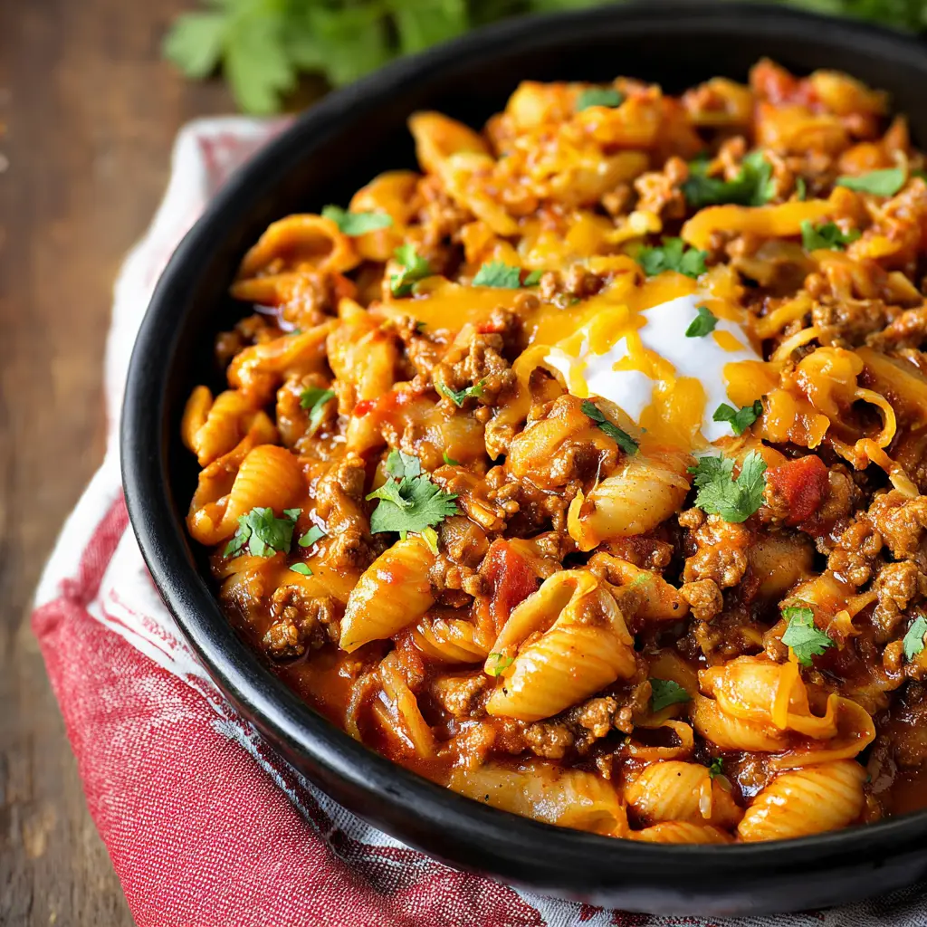 Cheesy Taco Pasta Crockpot recipe, served and ready to eat, easy homemade dinner