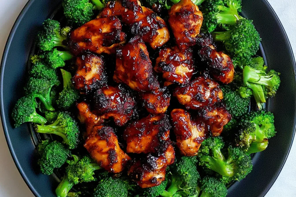 Chili Garlic Air Fryer Chicken Broccoli recipe, served and ready to eat, easy homemade dinner