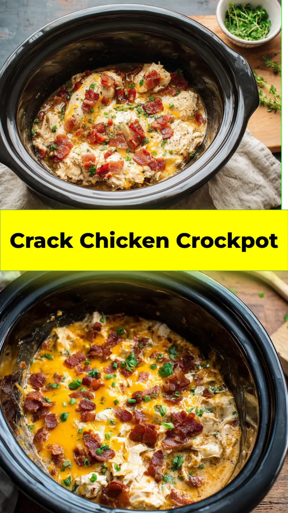 Crack Chicken Crockpot recipe, served and ready to eat, easy homemade dinner_pin