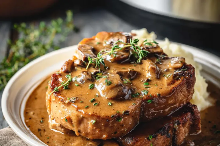 Crock Pot Pork Chops Gravy recipe, served and ready to eat, easy homemade dinner