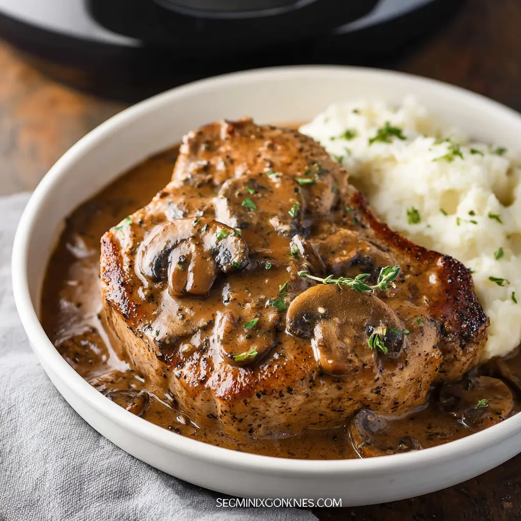 Crock Pot Pork Chops Gravy served and ready to eat, easy homemade slow cooker dinner