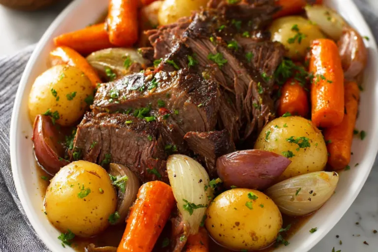 Crockpot Beef Pot Roast Vegetables recipe, served and ready to eat, easy homemade dinner